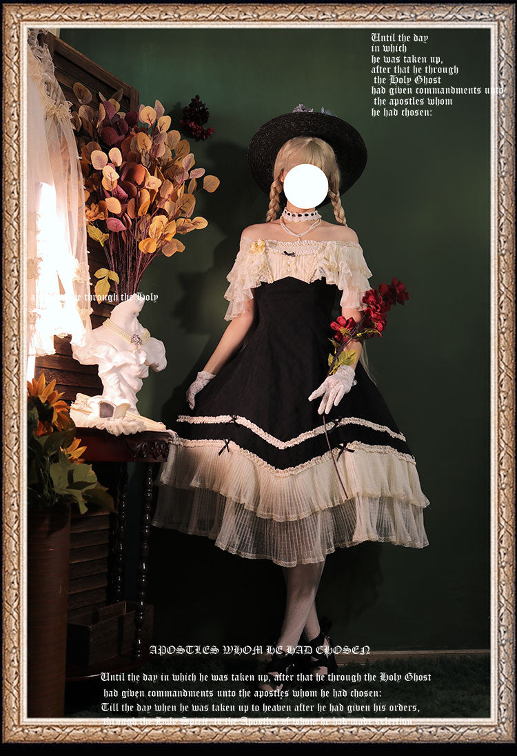 薔薇模様のジャガードフリルレース2wayワンピース 全4色