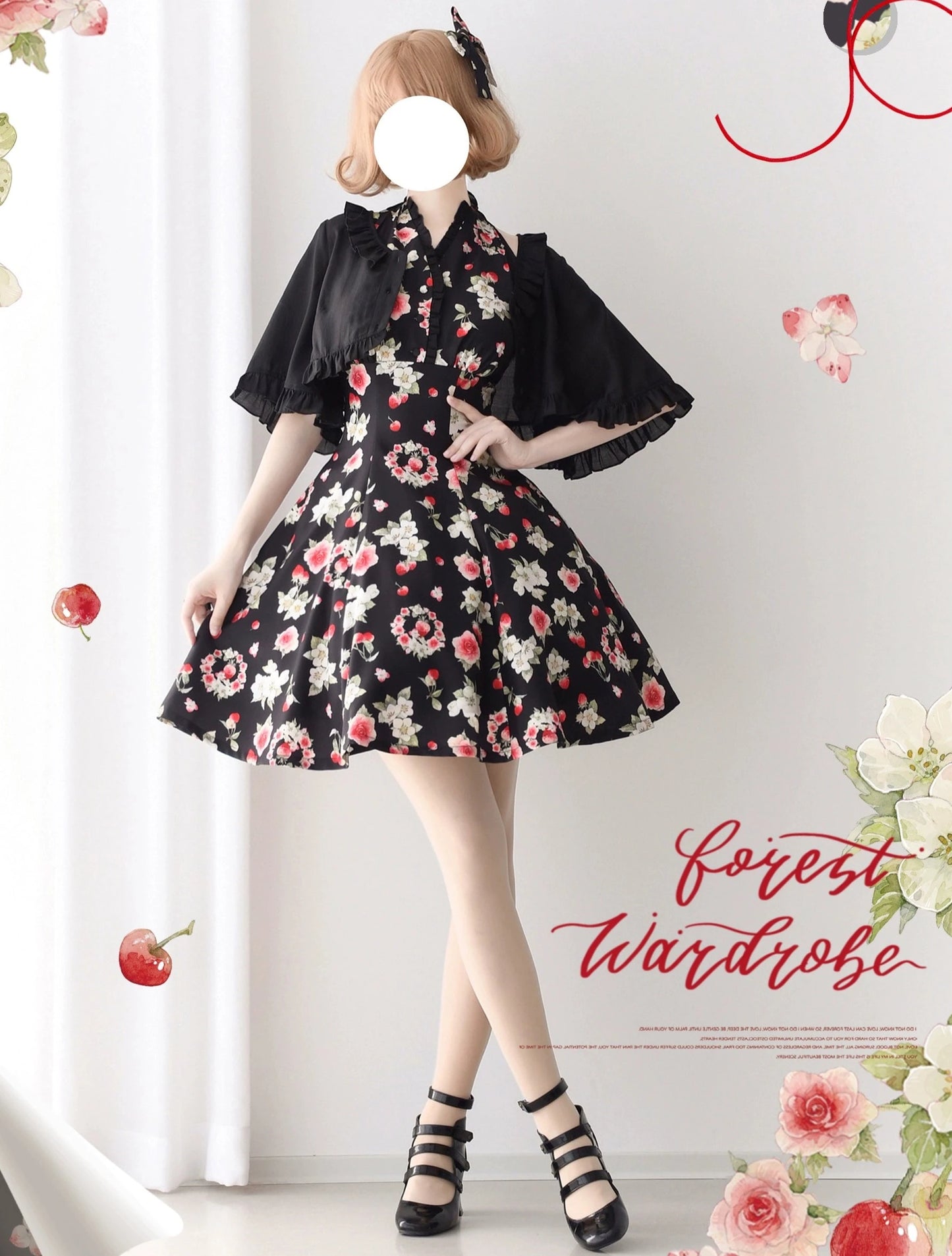 Early Summer Strawberry Picture Book Halter Neck Jumper Skirt with Ribbon Hair Accessory