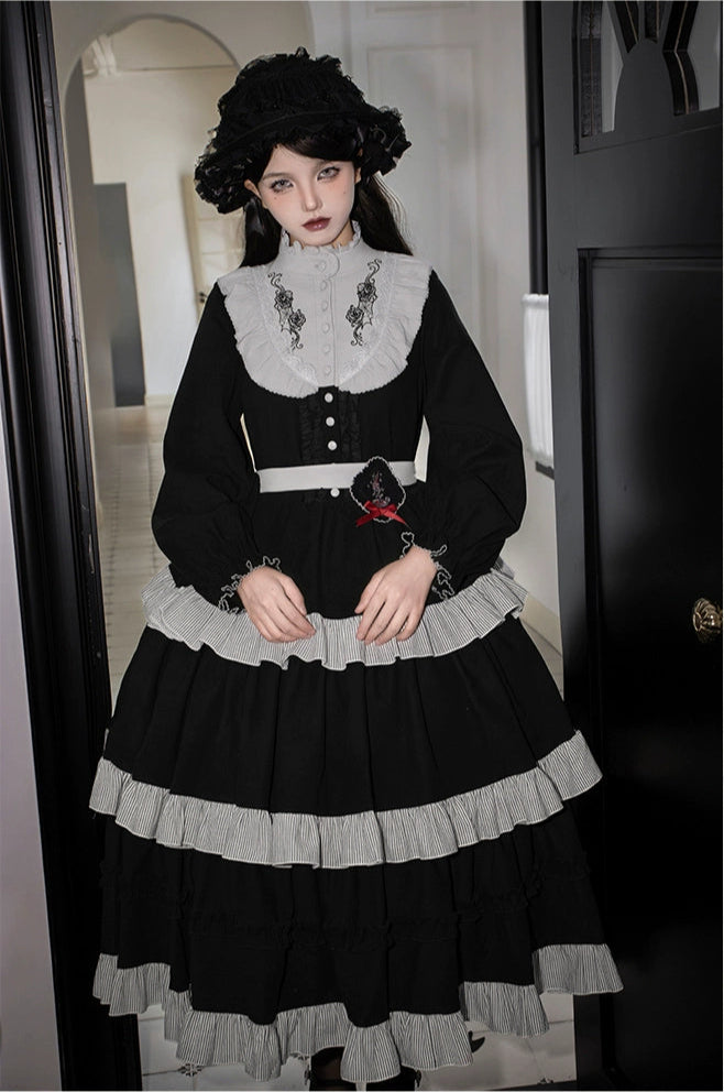 Monochrome Night Rose Embroidered Dress and Apron