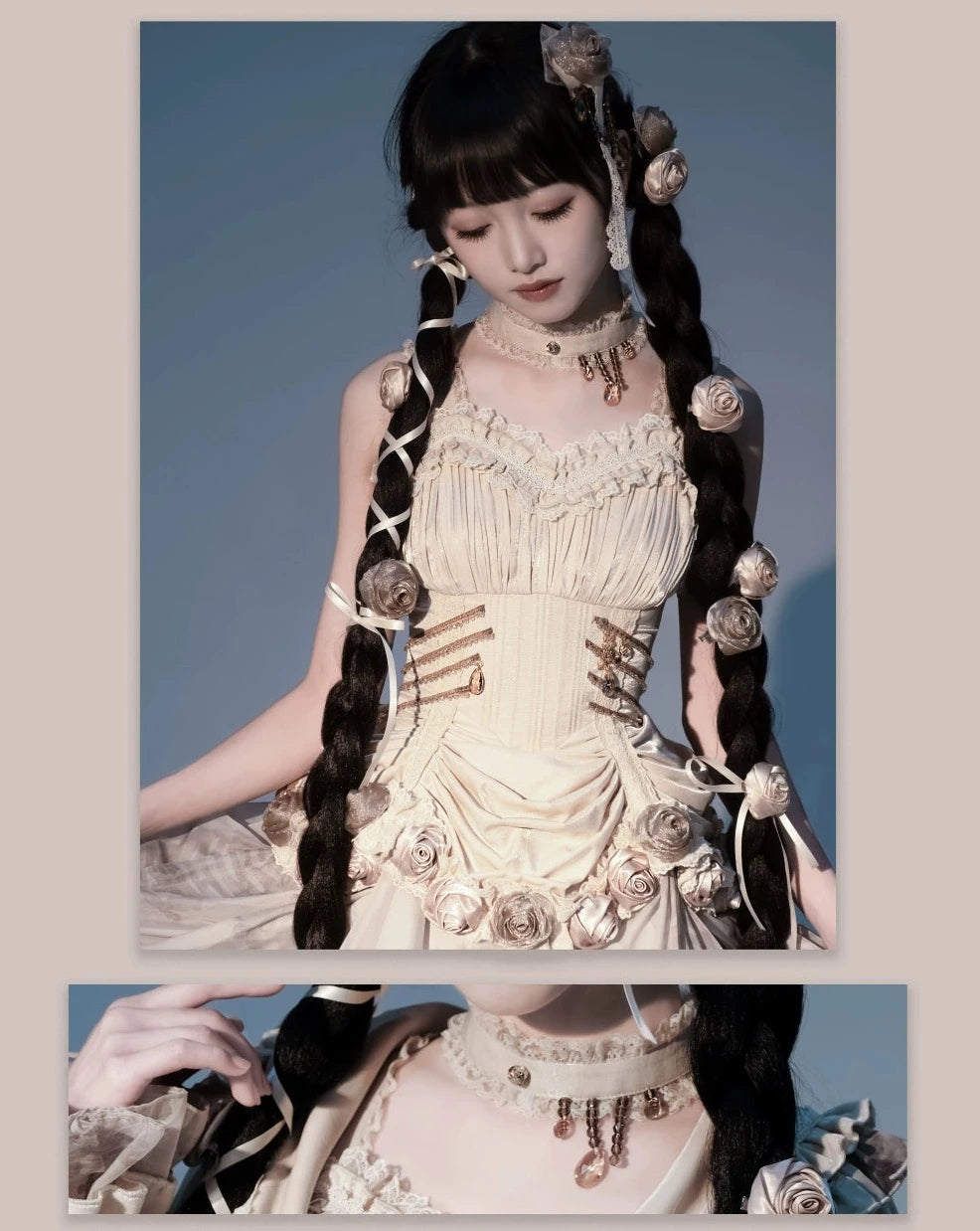 [Sale period ended] Rose Knight III Satin and organdy gothic dress [Champagne]