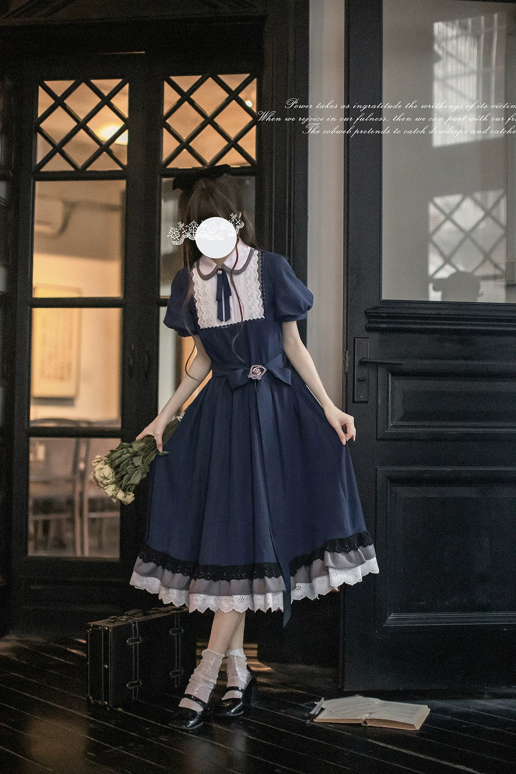 【予約販売】Phyllis ネイビーチェックのエレガントレトロ半袖ワンピース