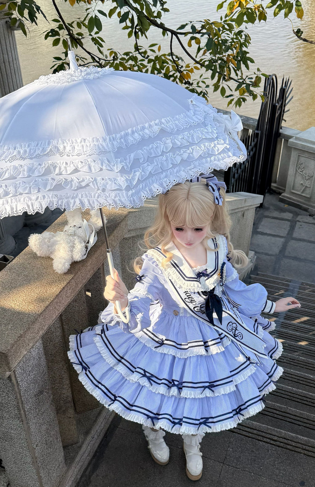 【受注予約4/28まで】セーラー襟と3段フリルの2wayマリンワンピース・ストライプ・ショート丈