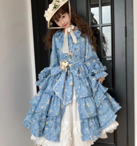 Fragments of Flowers Long Sleeve Tiered Dress - Sax