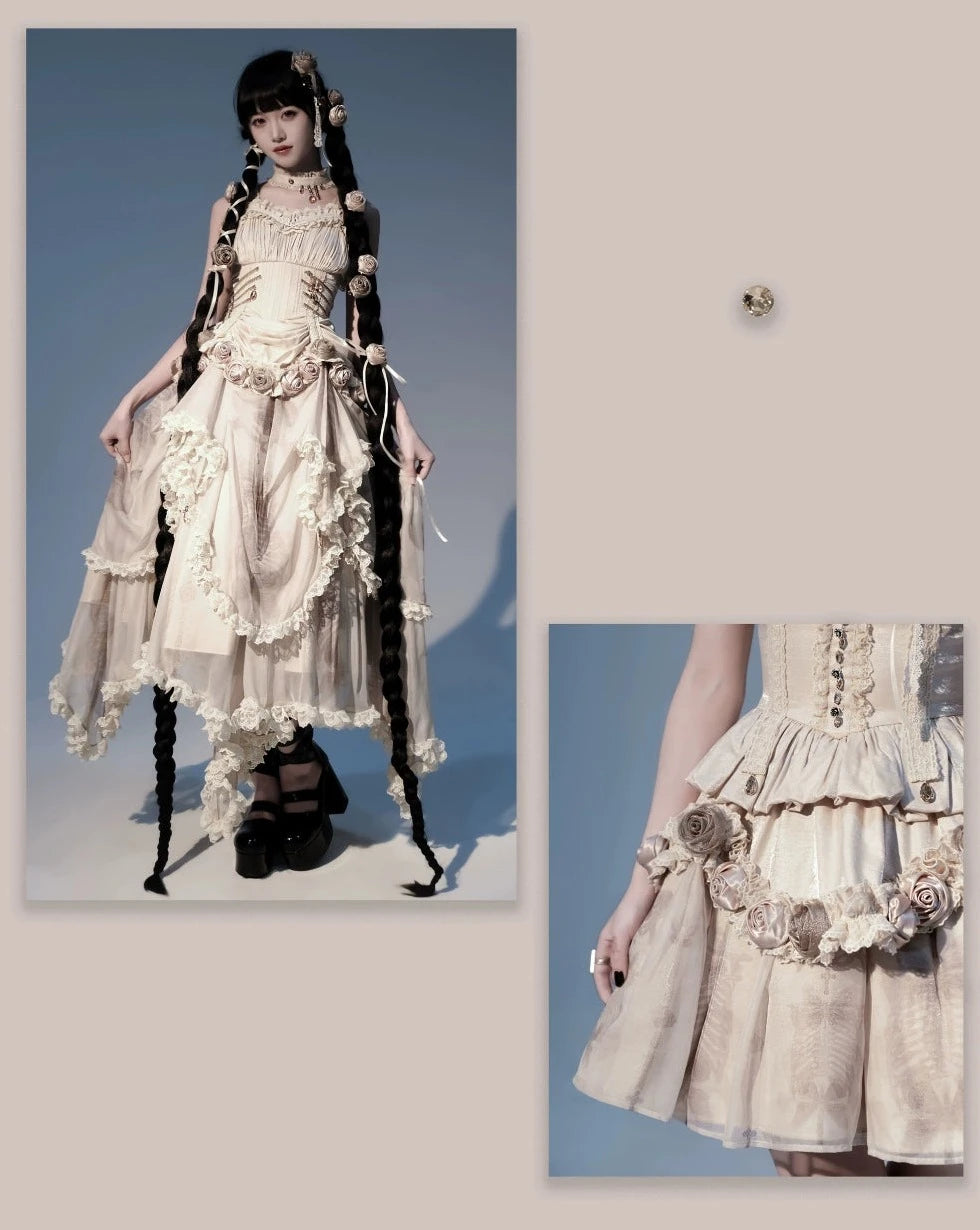 [Sale period ended] Rose Knight III Satin and organdy gothic dress [Champagne]