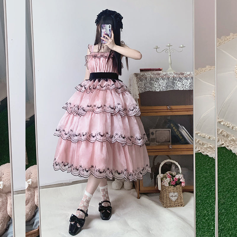 ローズ刺繍 ブラックピンク4段ジャンパースカート – ロリータ