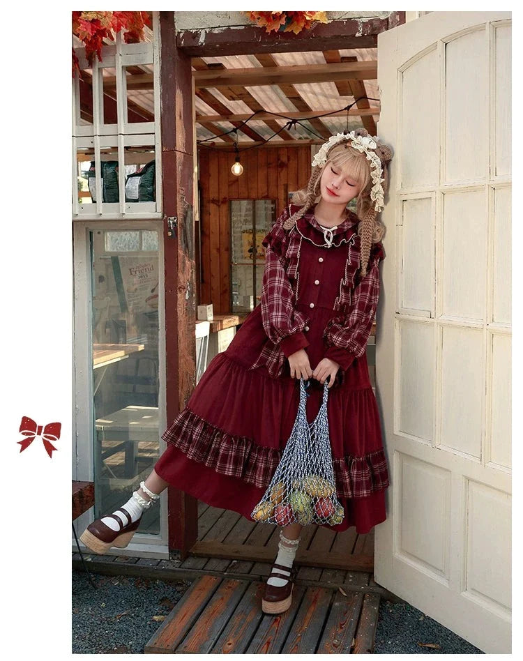 Red check and velvet layered dress