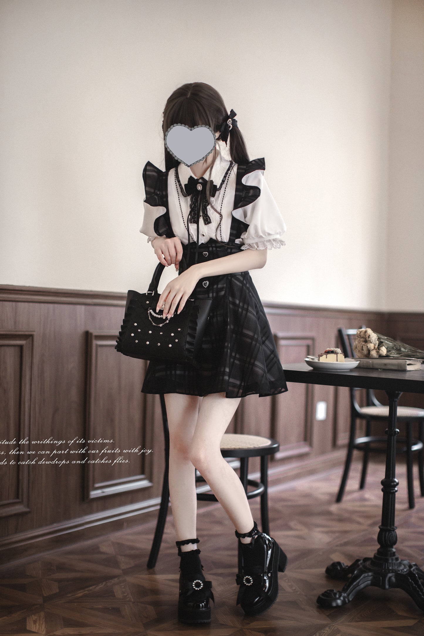 Monochrome Heart チェック柄ジャンパースカートセット・ショート丈