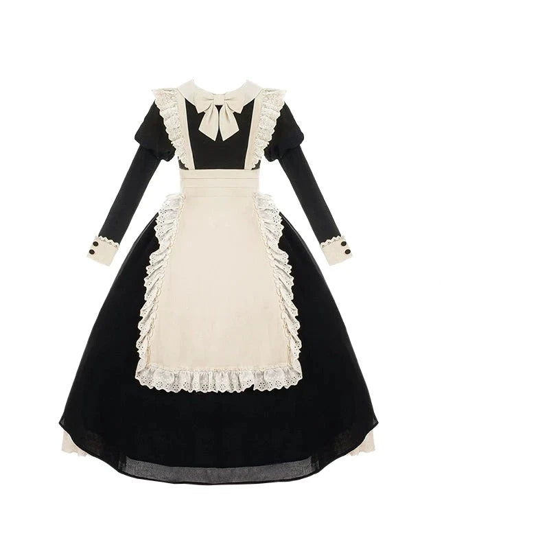 【unaちゃん着用】クラシカルエプロンのメイド風ワンピース ロング丈 アームスリーブ付き
