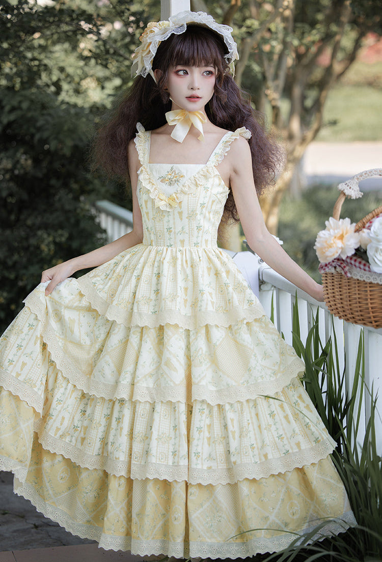 【予約販売】クリームイエローのフローラルジャンパースカート