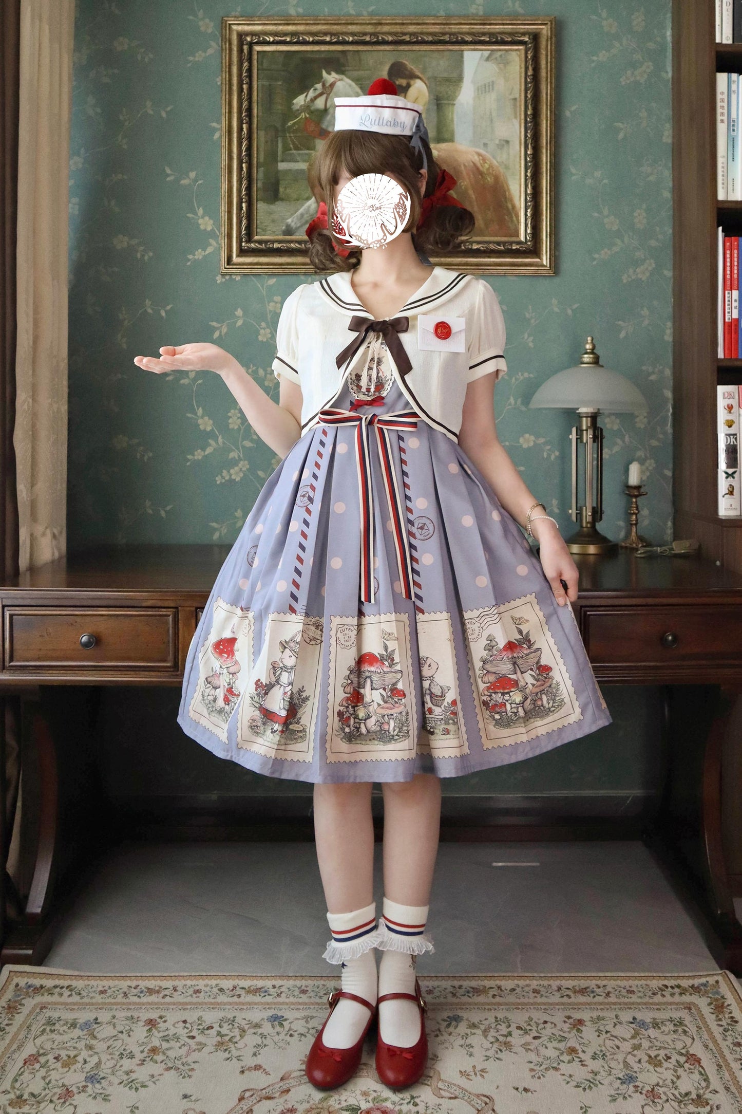 キノコとウサギの切手デザインジャンパースカート