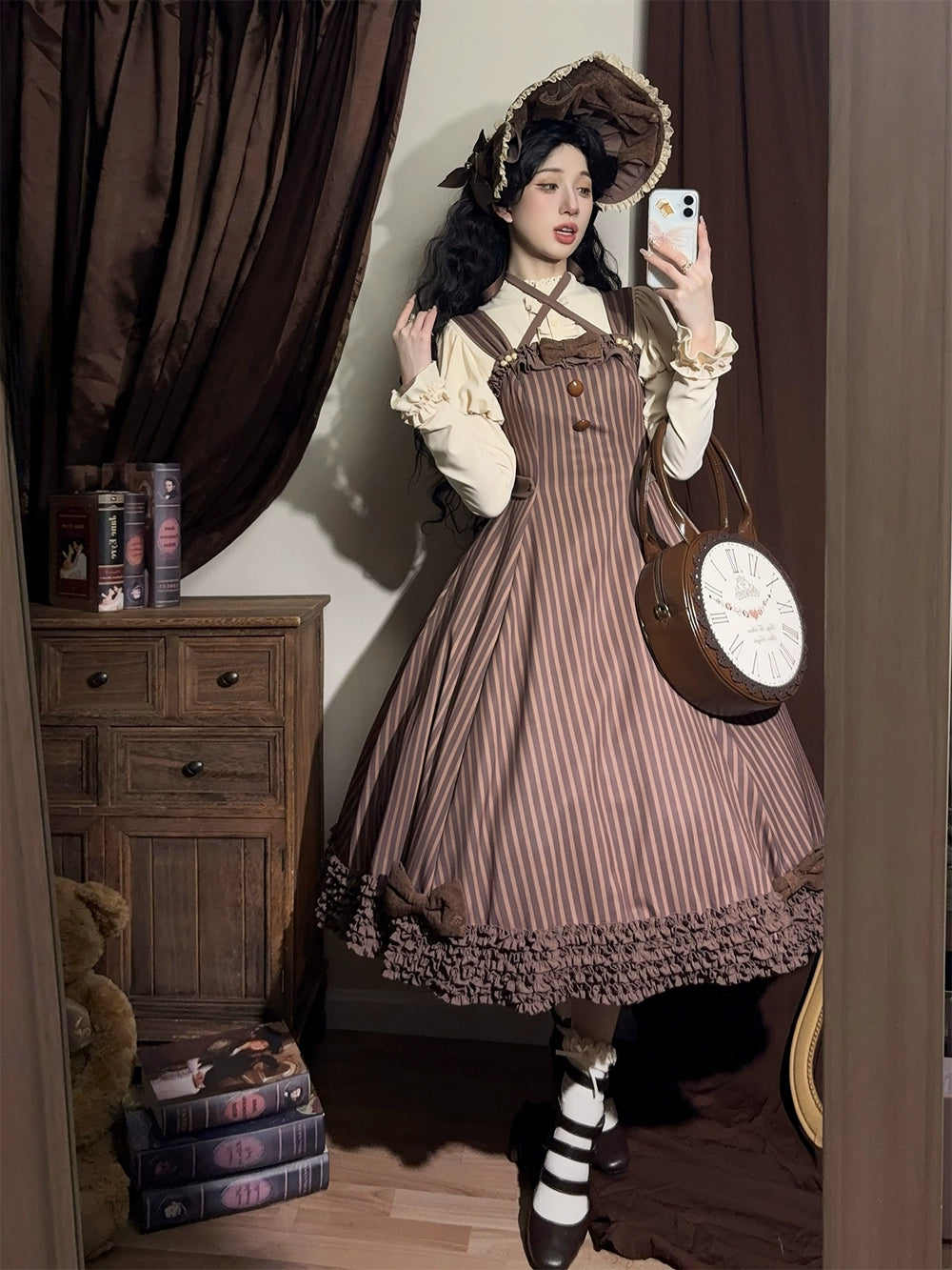 【予約販売】Classic Chocolat Stripe ストライプジャンパースカート・ロング丈