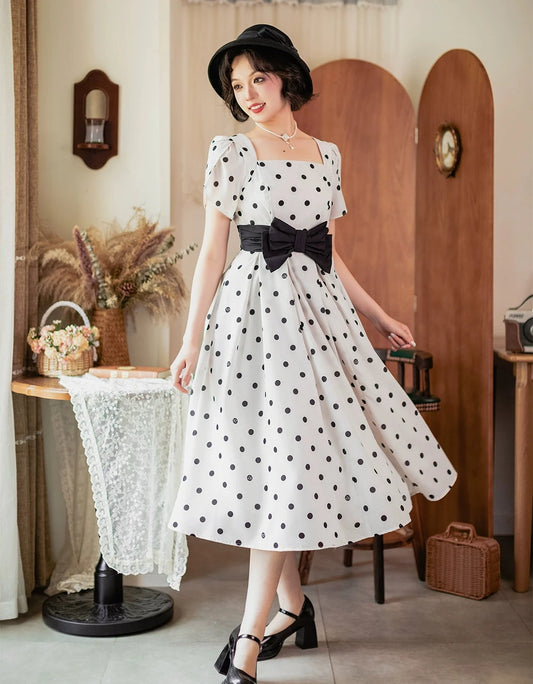 Afternoon Forest Retro Elegant Ribbon Dress with Hair Accessory