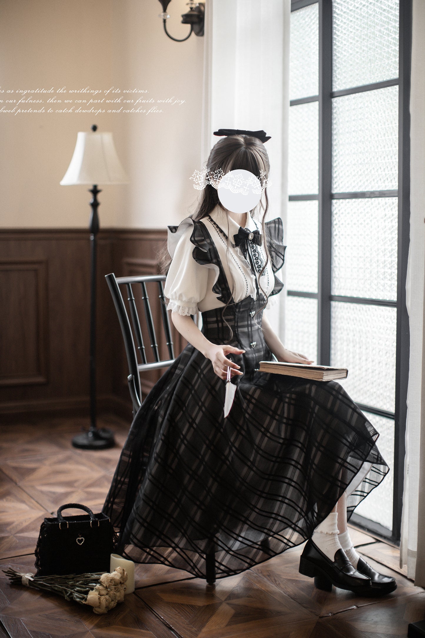 Monochrome Heart チェック柄ジャンパースカートセット・ロング丈