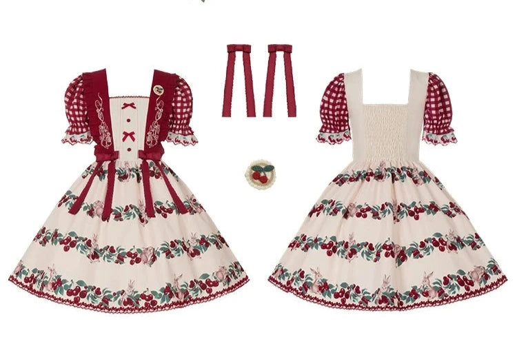 Midsummer Orchard Cherry and Rabbit Short Sleeve Dress