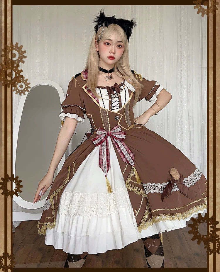 Bear Chocolat Brown dress with ribbon and lace