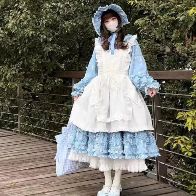 Fragments of Flowers Long Sleeve Tiered Dress - Sax