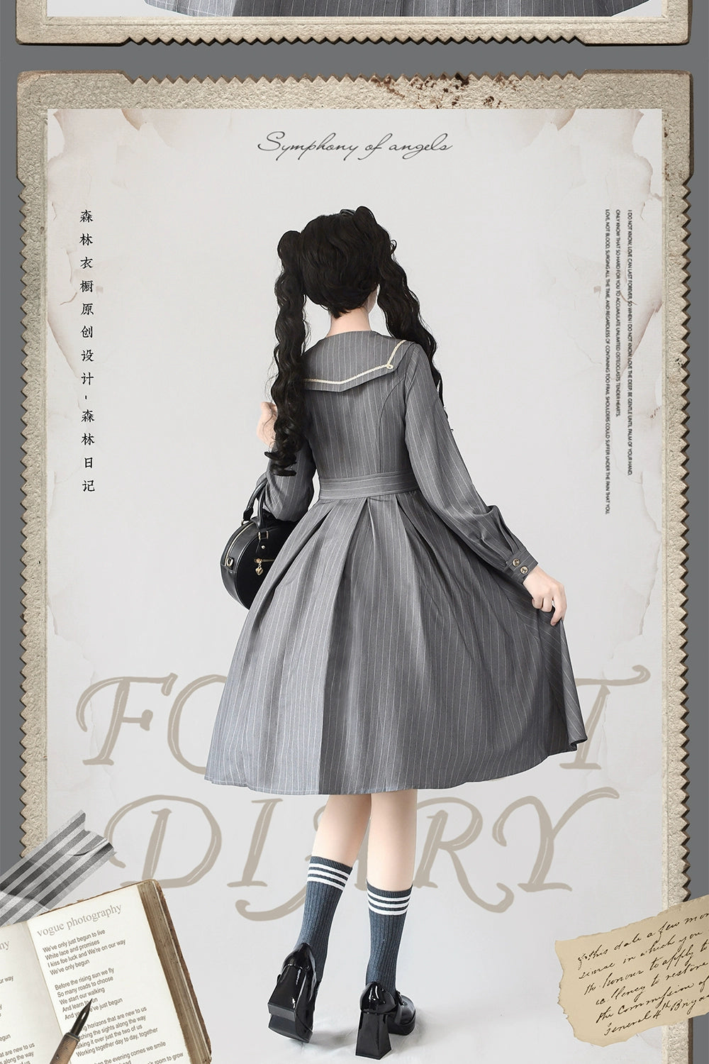 Forest Diary ストライプクラシカルコートワンピース リボンカチューシャ付き