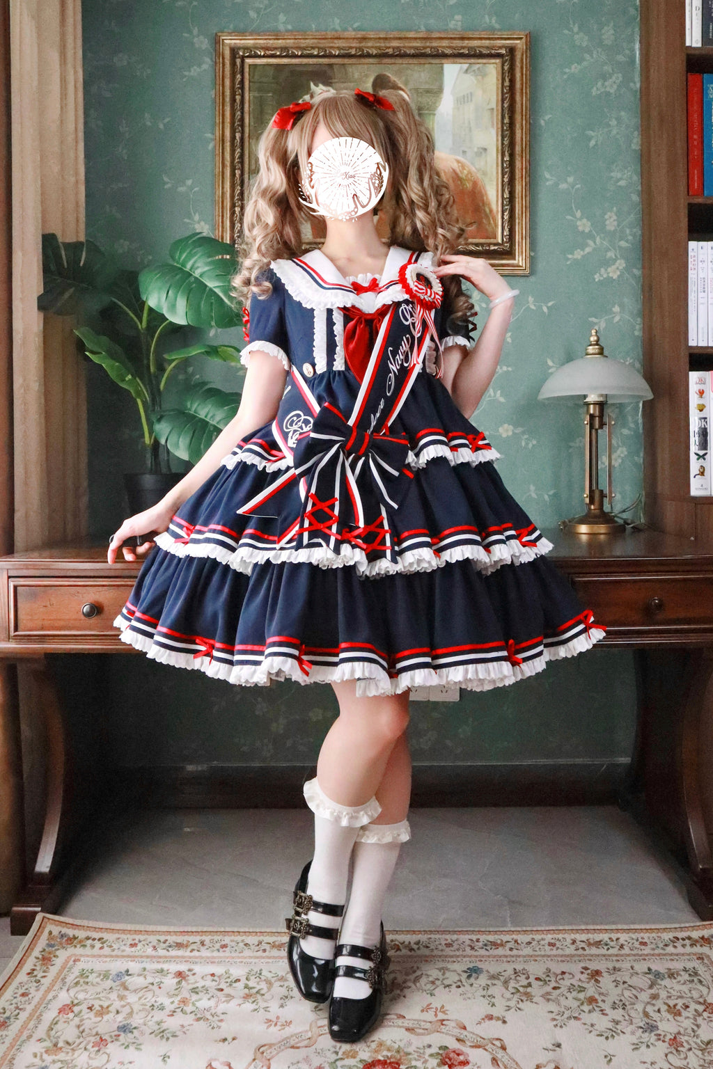 【受注予約4/28まで】セーラー襟と3段フリルの2wayマリンワンピース・ネイビー・ミドル丈