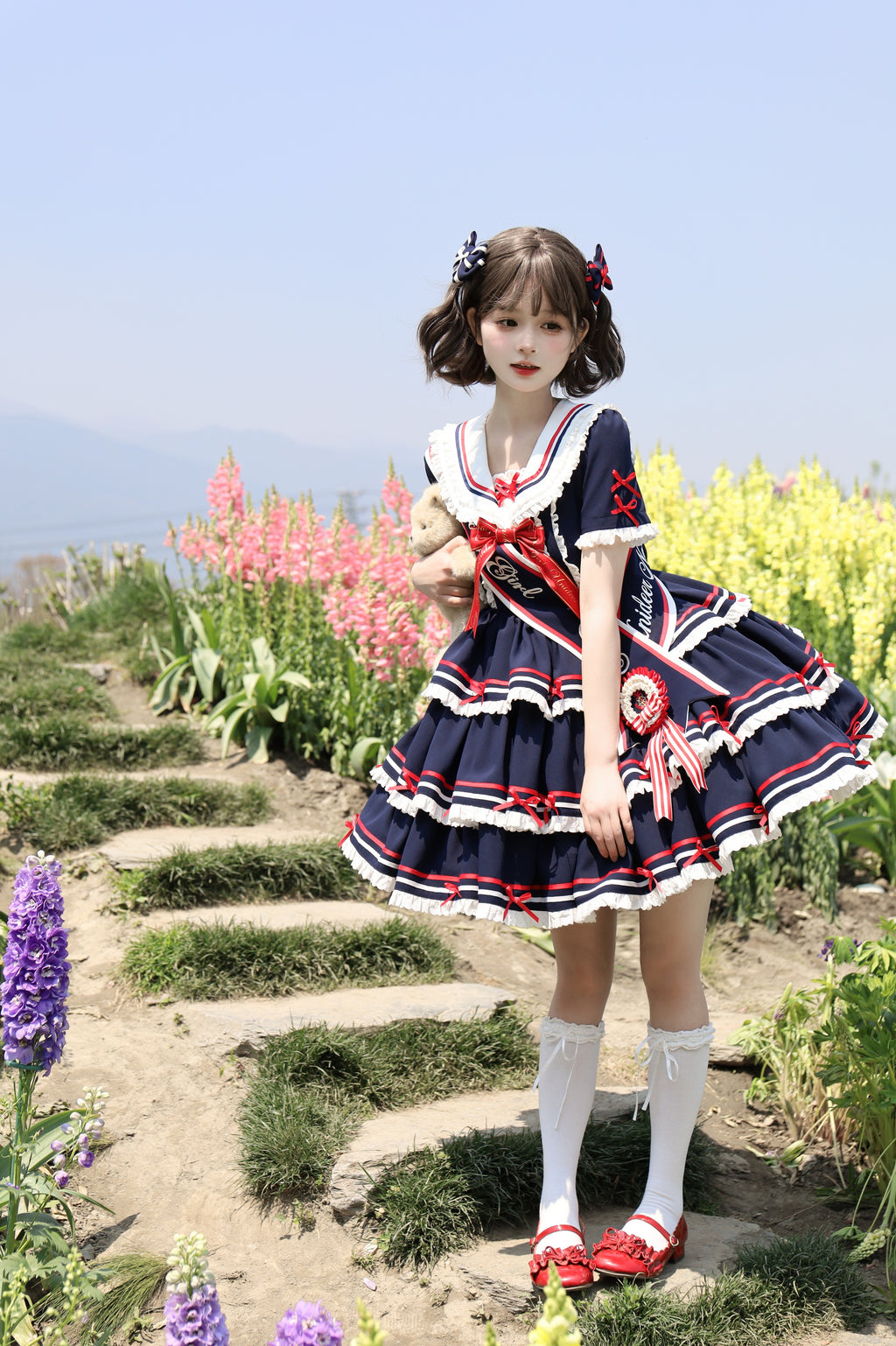 【受注予約4/28まで】セーラー襟と3段フリルの2wayマリンワンピース・ネイビー・ショート丈