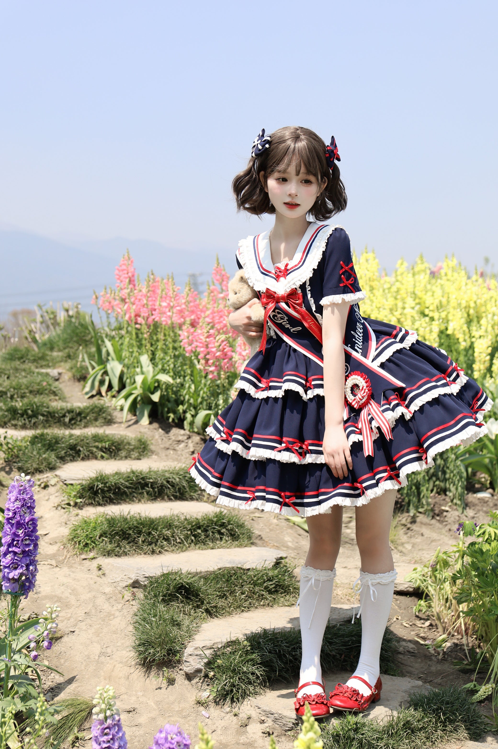 【受注予約4/28まで】セーラー襟と3段フリルの2wayマリンワンピース・ネイビー・ショート丈