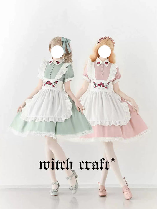 New color of maid-style dress with red rose embroidery and apron