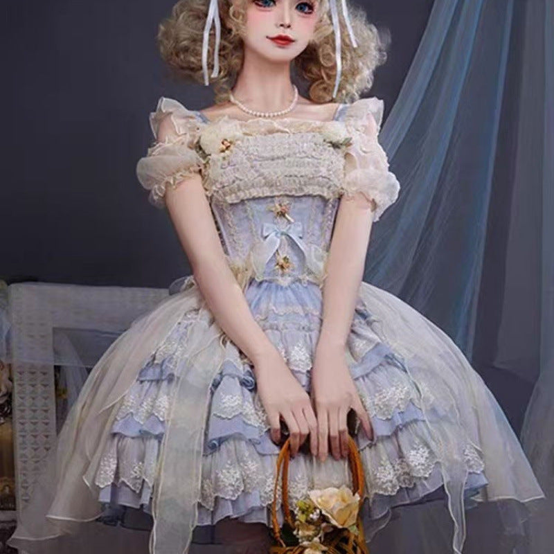 バラの涙 刺繍レースのミニ丈ジャンパースカート・サックス