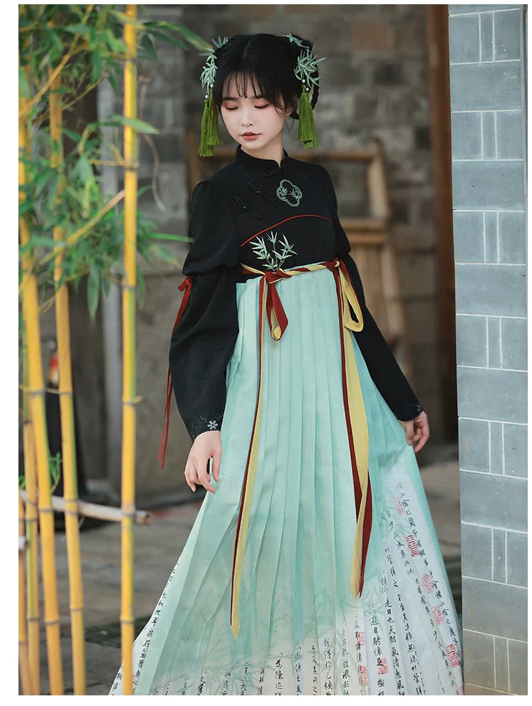 White green bamboo pattern Hanfu style fake two piece dress