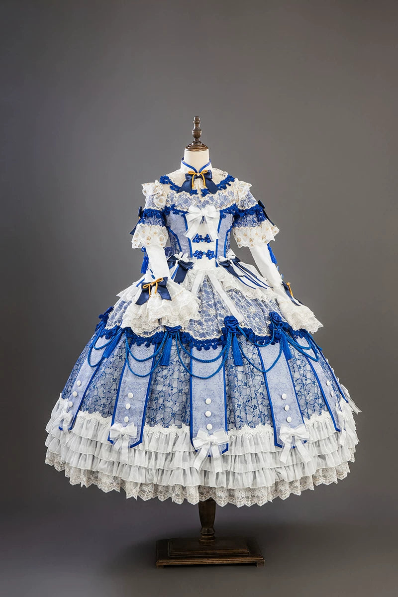 【受注予約11/18まで】千刻玲瓏 中華風長袖ドレス・ブルー