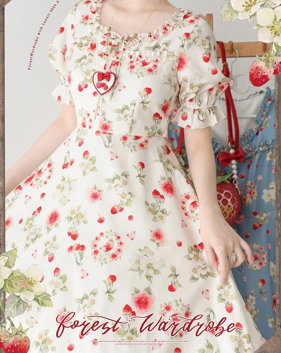 Early Summer Strawberry Picture Book One-Piece Dress with Ribbon Hair Accessory