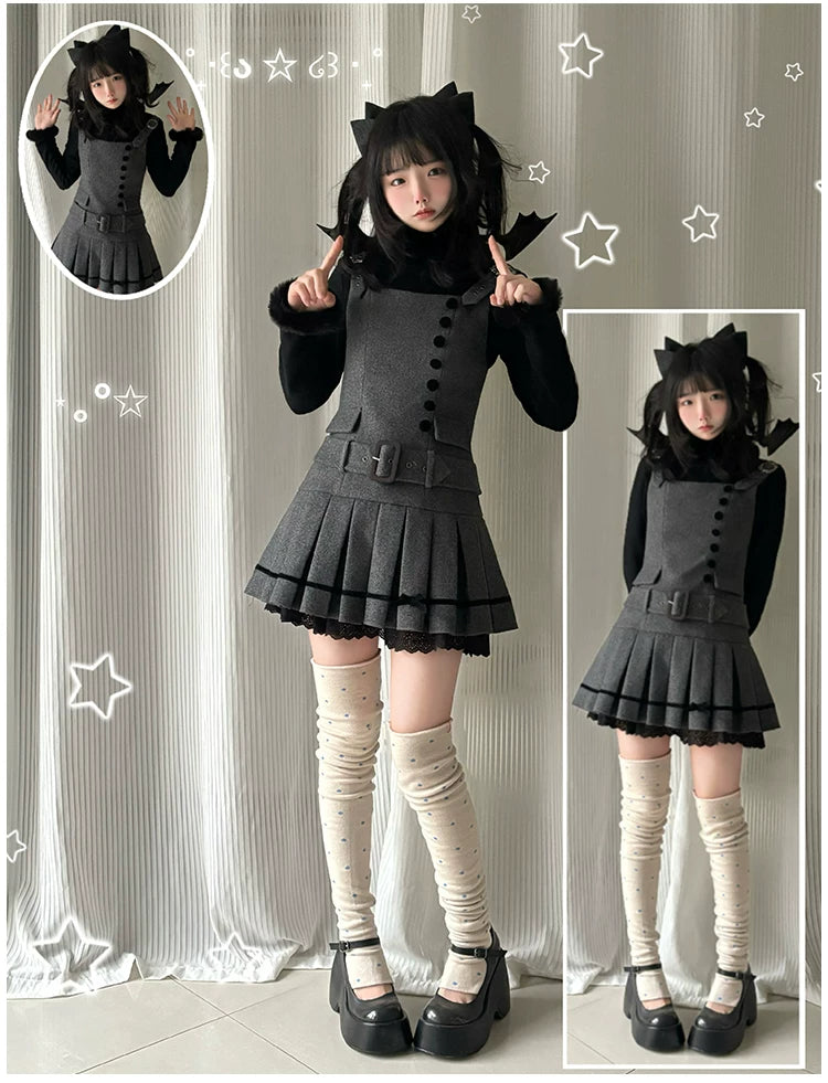 【予約販売】Graceful Gray プリーツジャンパースカート・ショート丈