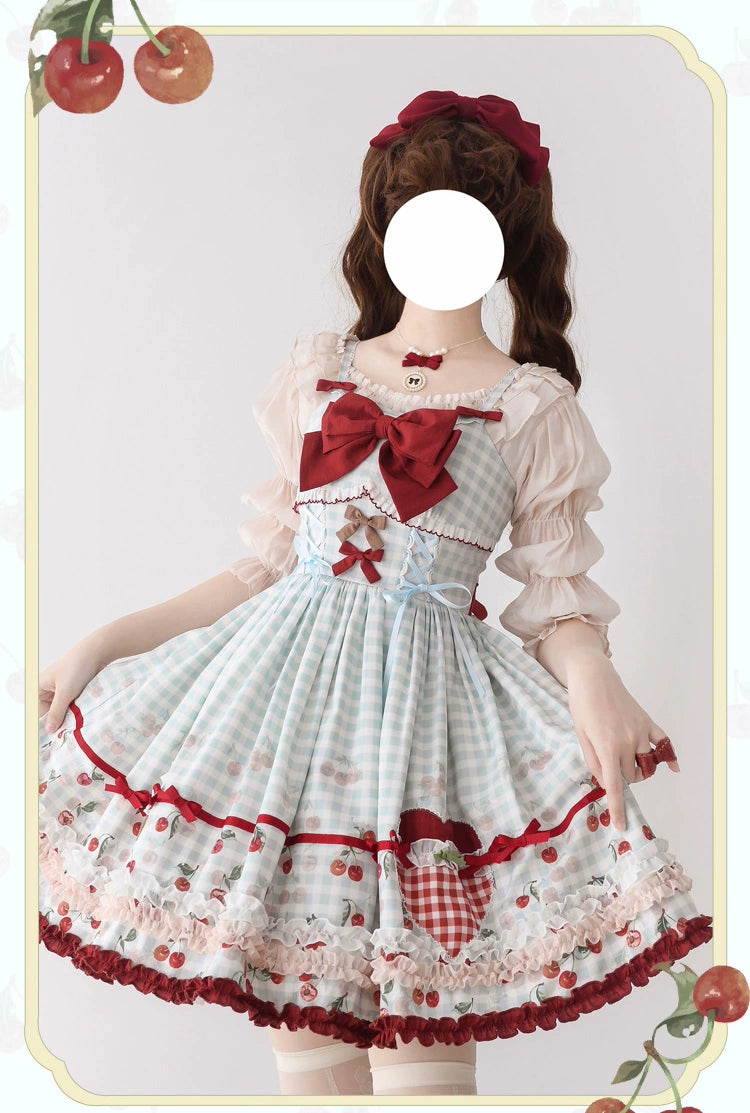 Cherry and Heart ギンガムチェックのジャンパースカート – ロリータ Cherry and Heart ギンガムチェックのジャンパースカート – ロリータ