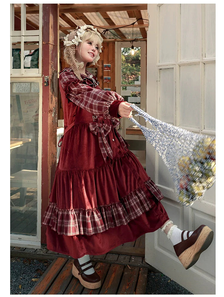 Red check and velvet layered dress