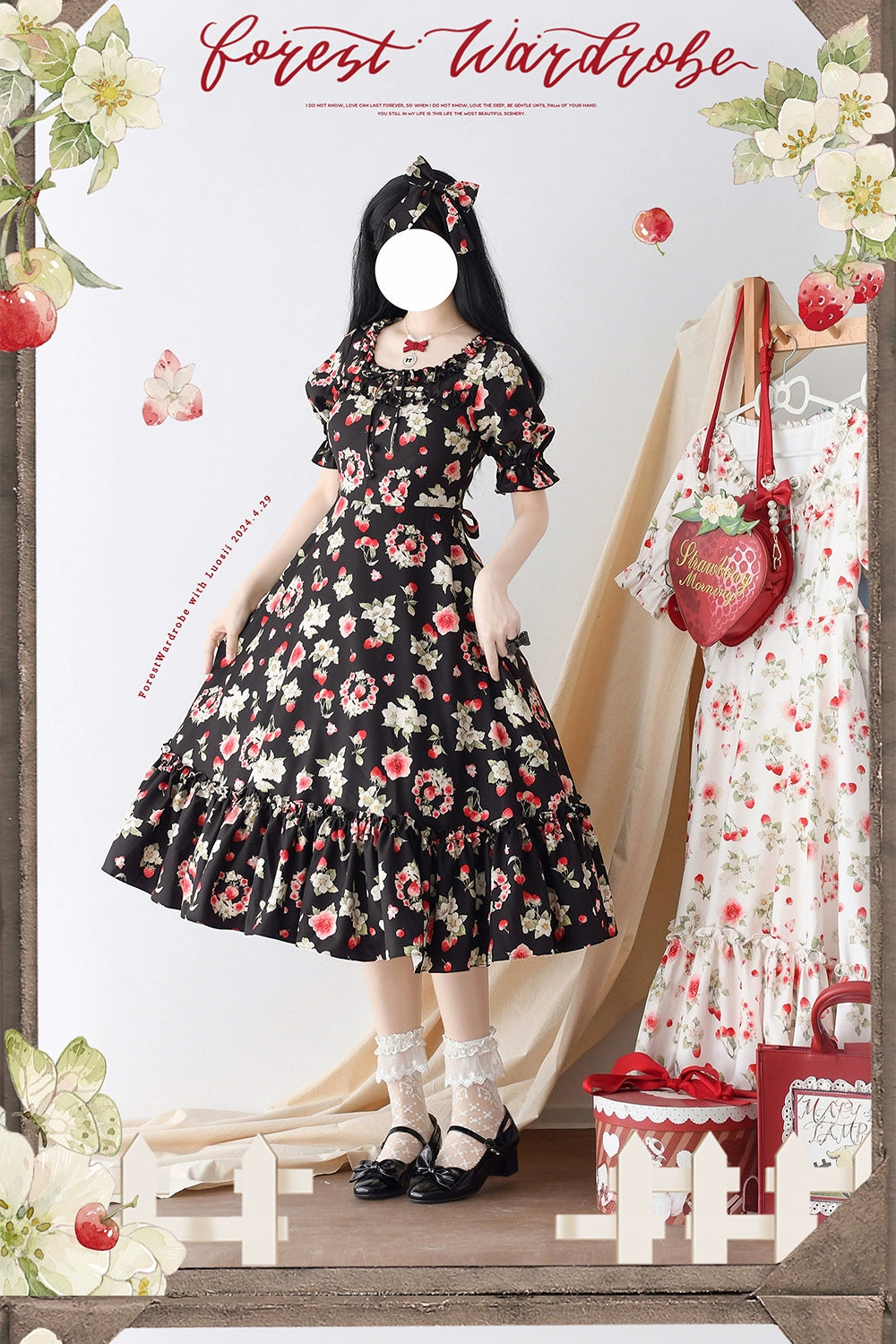 Early Summer Strawberry Picture Book One-Piece Dress with Ribbon Hair Accessory