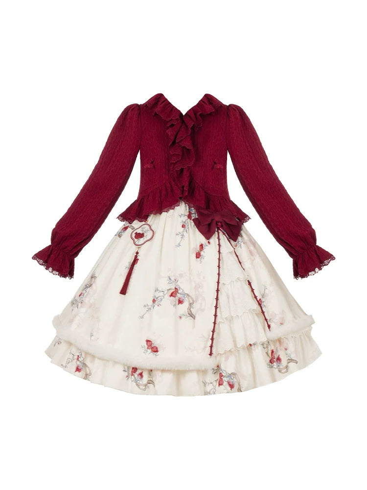 Pomegranate pattern jumper skirt and frilled cardigan