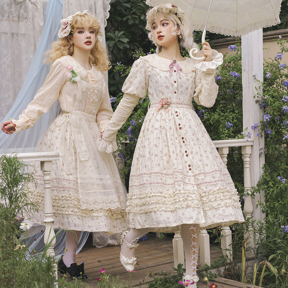 【予約販売】Pink Flower 小花模様のボタン付コットンワンピース