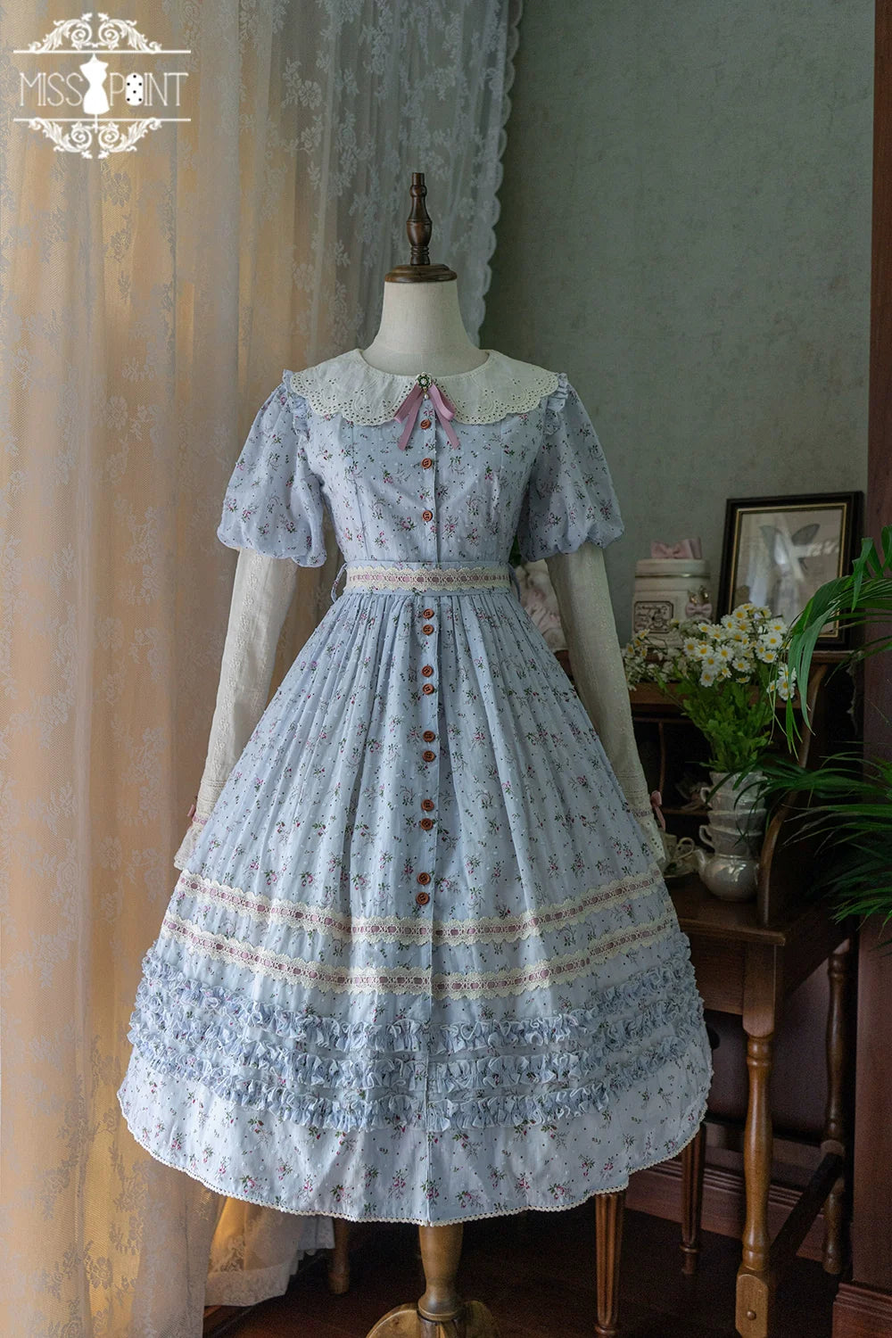 【予約販売】Pink Flower 小花模様のボタン付コットンワンピース