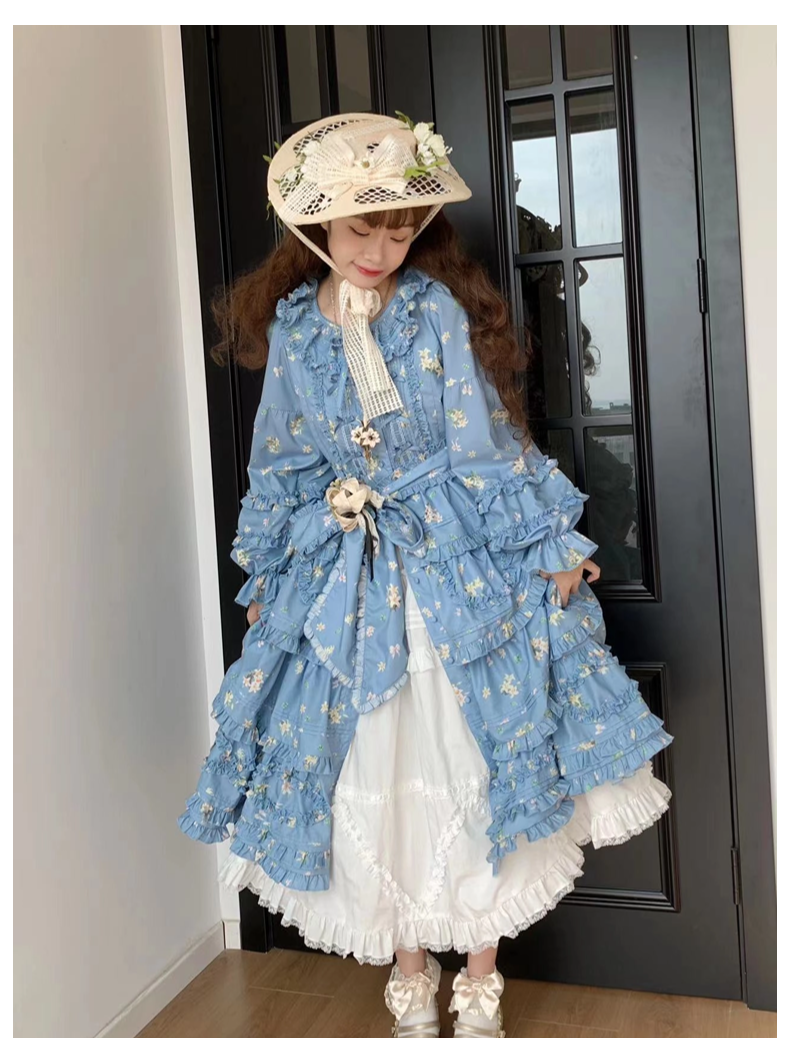 Fragments of Flowers Long Sleeve Tiered Dress - Sax