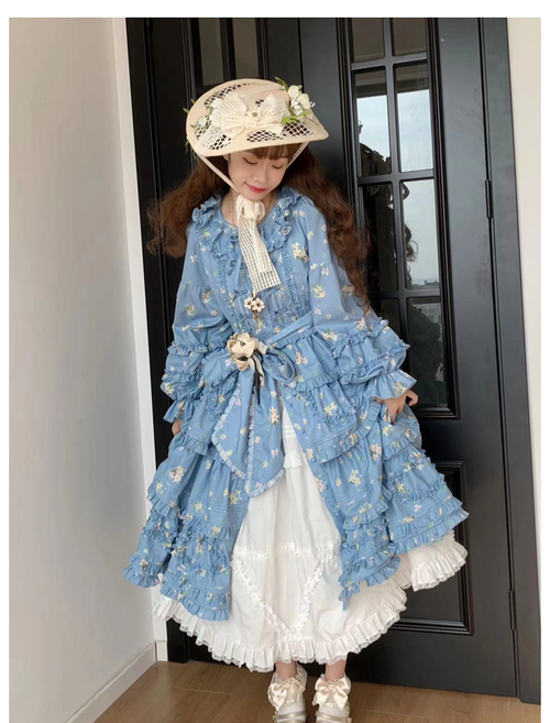 Fragments of Flowers Long Sleeve Tiered Dress - Sax