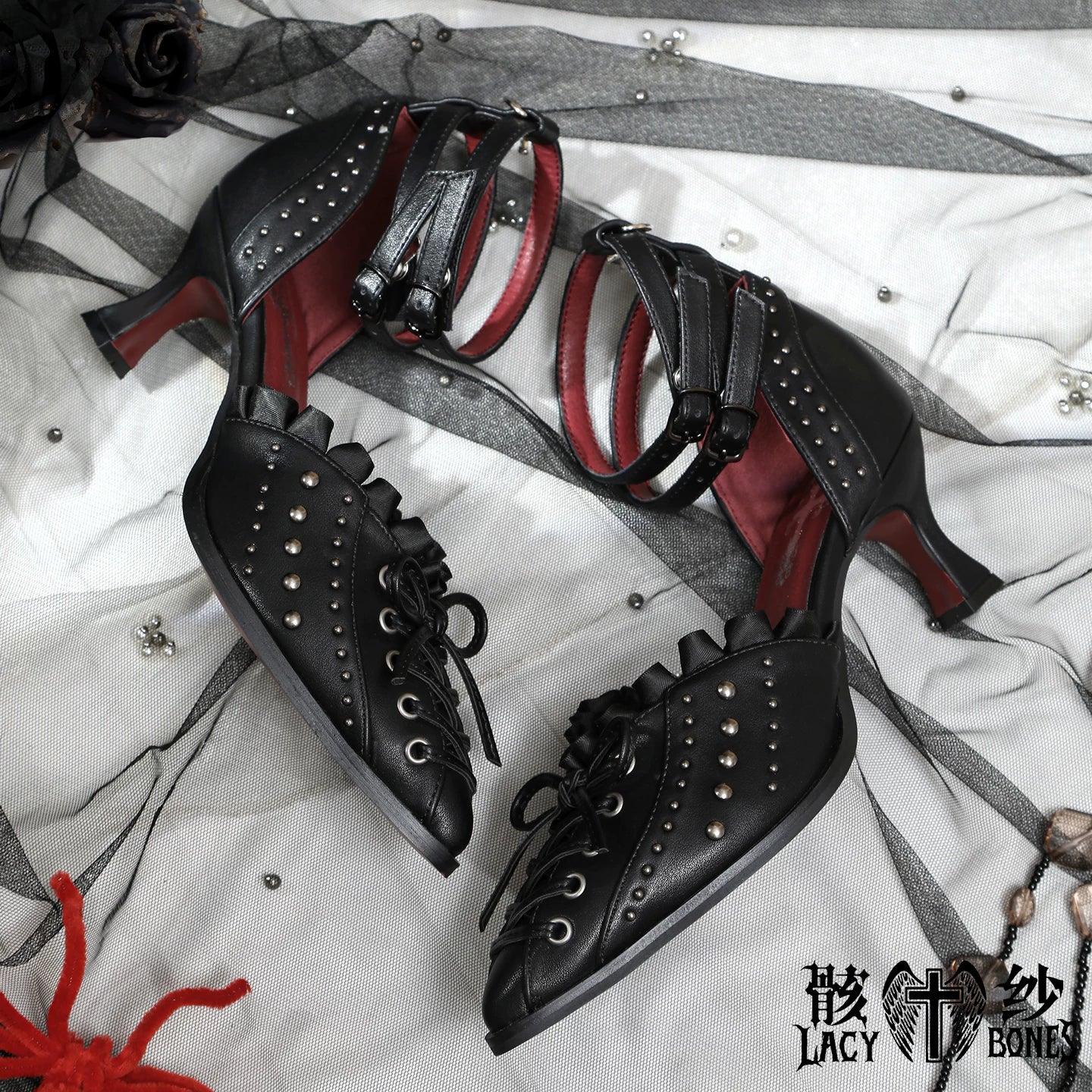 【Twilight Stud Vow】鋲×レース ダークゴシックポインテッドトゥパンプス