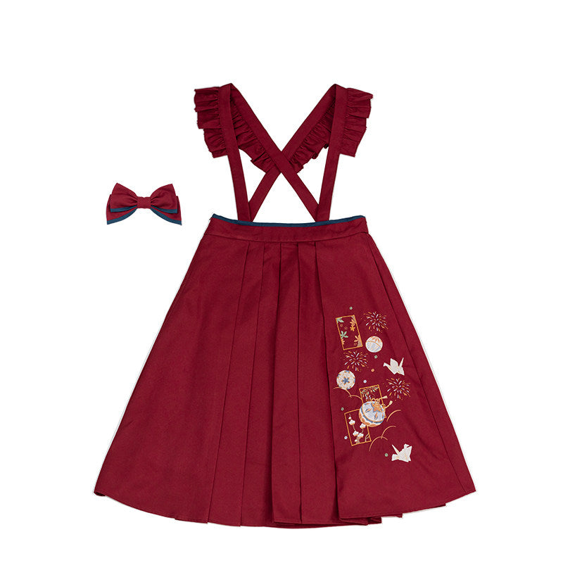 Temari embroidered hakama-style suspender skirt