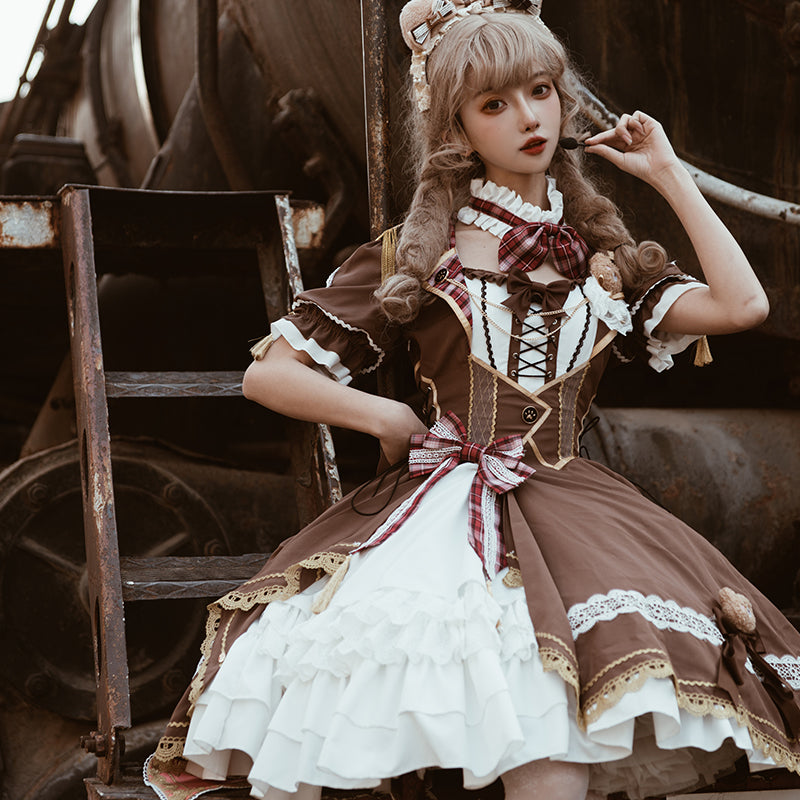 Bear Chocolat Brown dress with ribbon and lace