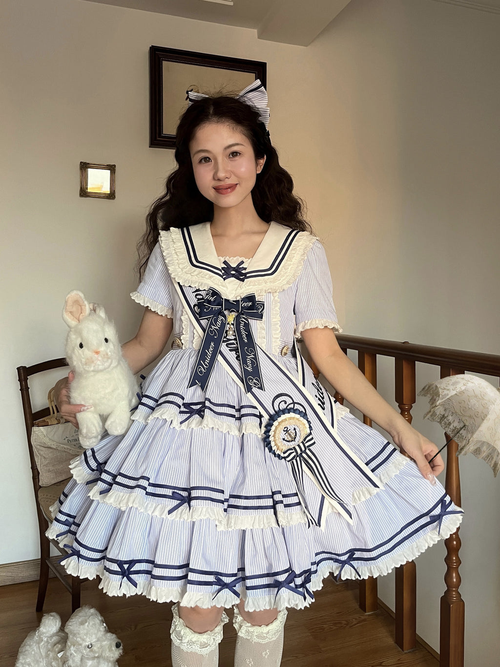 【受注予約4/28まで】セーラー襟と3段フリルの2wayマリンワンピース・ストライプ・ショート丈