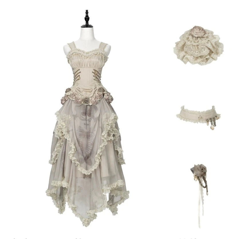 [Sale period ended] Rose Knight III Satin and organdy gothic dress [Champagne]