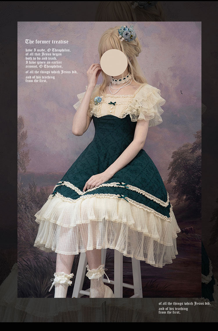 薔薇模様のジャガードフリルレース2wayワンピース 全4色