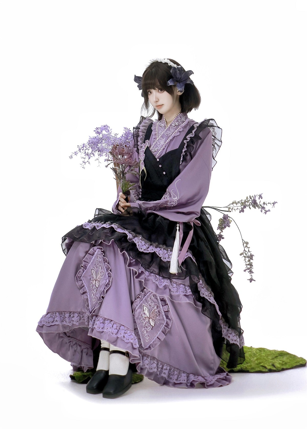 蝶と蘭のエプロン付華ロリワンピース