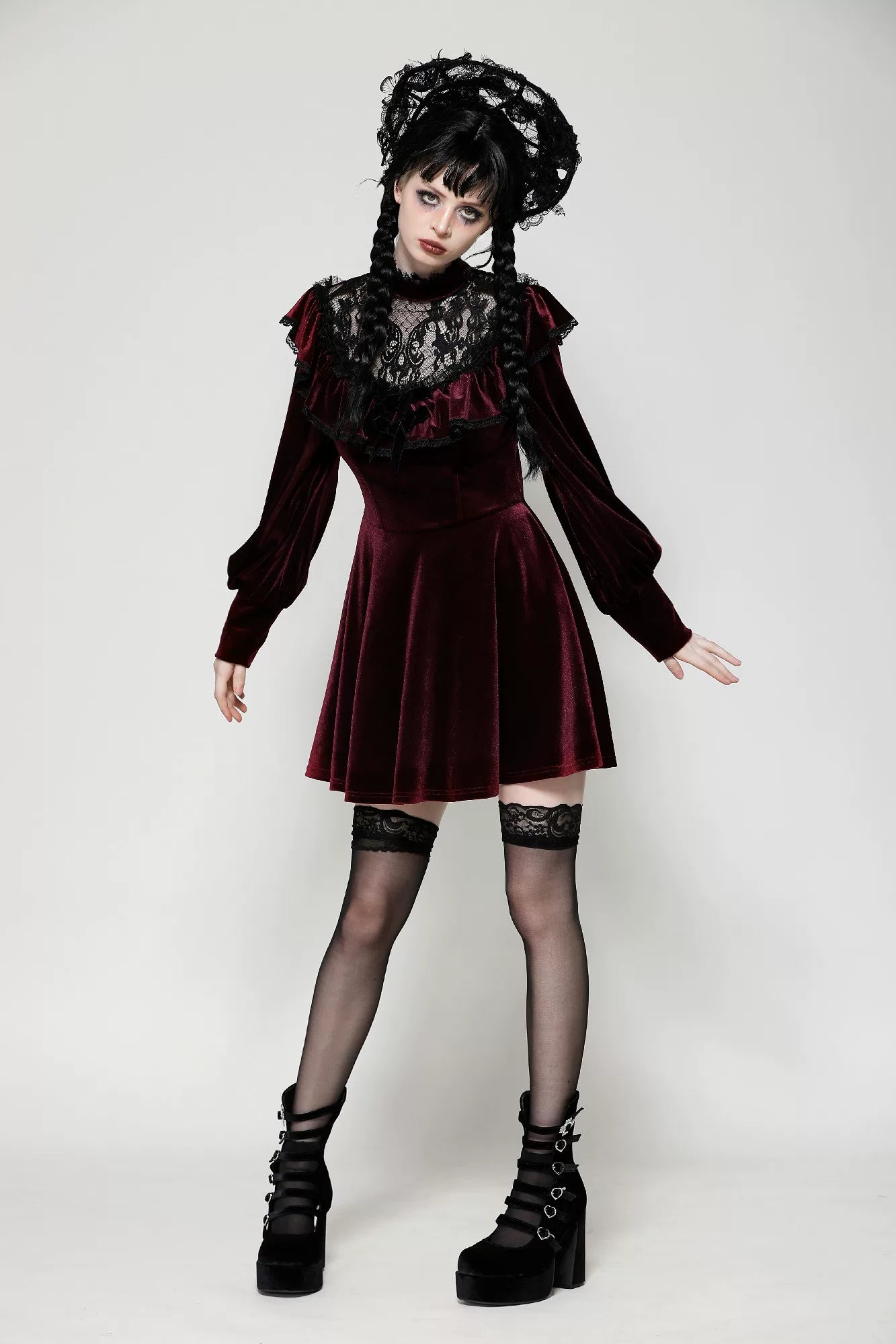 【Dark in Love】ダークレッド ベルベット×レース ゴスロリ長袖ワンピース | Blood Velvet (コピー)