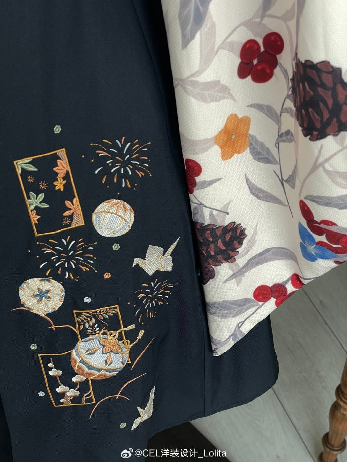 手毬刺繍の袴風サスペンダースカート