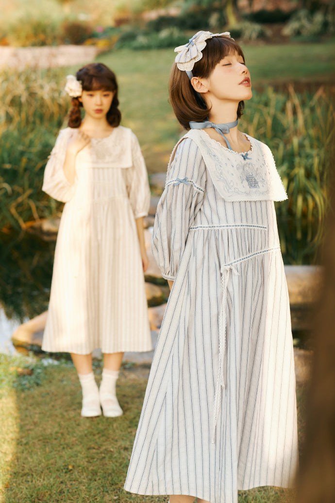 Go Picnicking ストライプ五分袖ワンピース