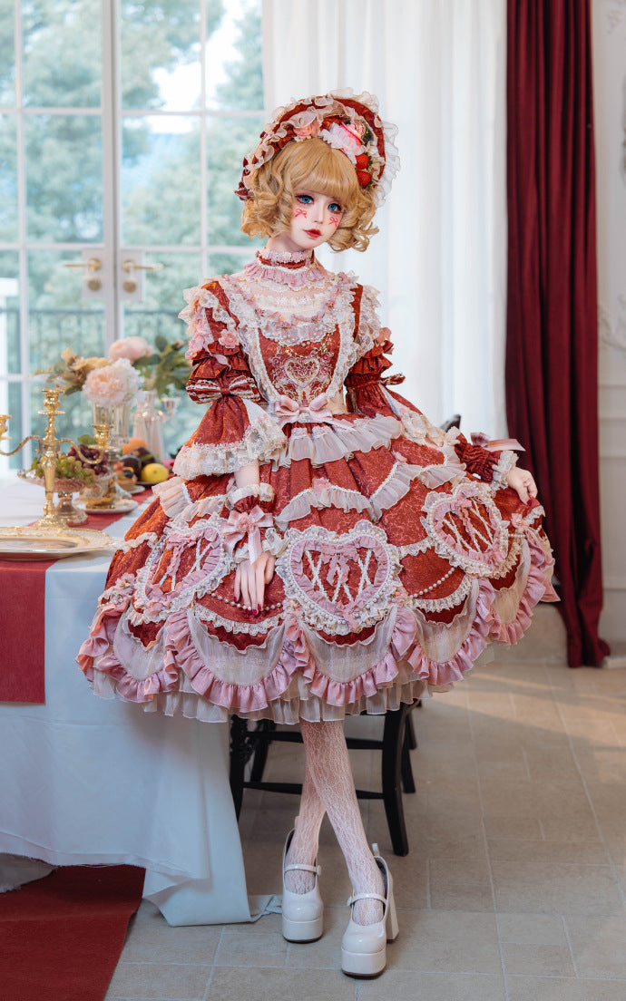 [Pre-orders available until 2/12] Antique Cake Heart Lolita Dress - Red