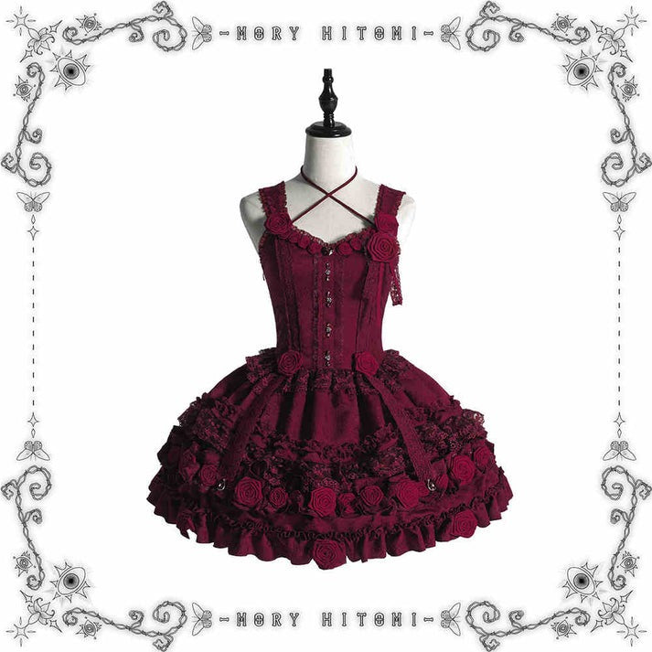 [Pre-orders available until 1/8] Rose Knight II Jacquard Lace Jumper Skirt and Bolero - Red